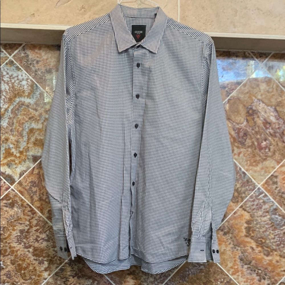 Guess Men's Black and White Checkered Button Down Long Sleeve Slim Fit Shirt XL